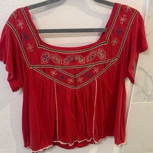 FP Movement by Free People Red Embroidered Blouse